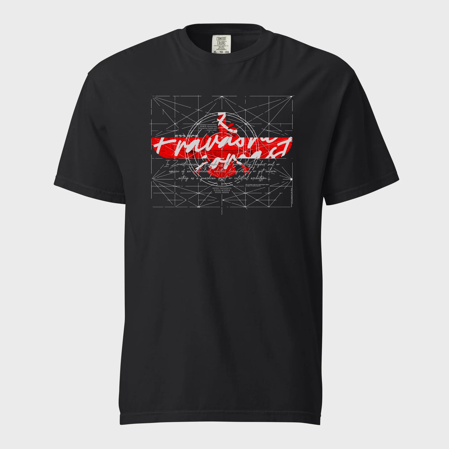 fravashi-faravahar-symbol in Red Grid cotton graphic T-shirt, Black color