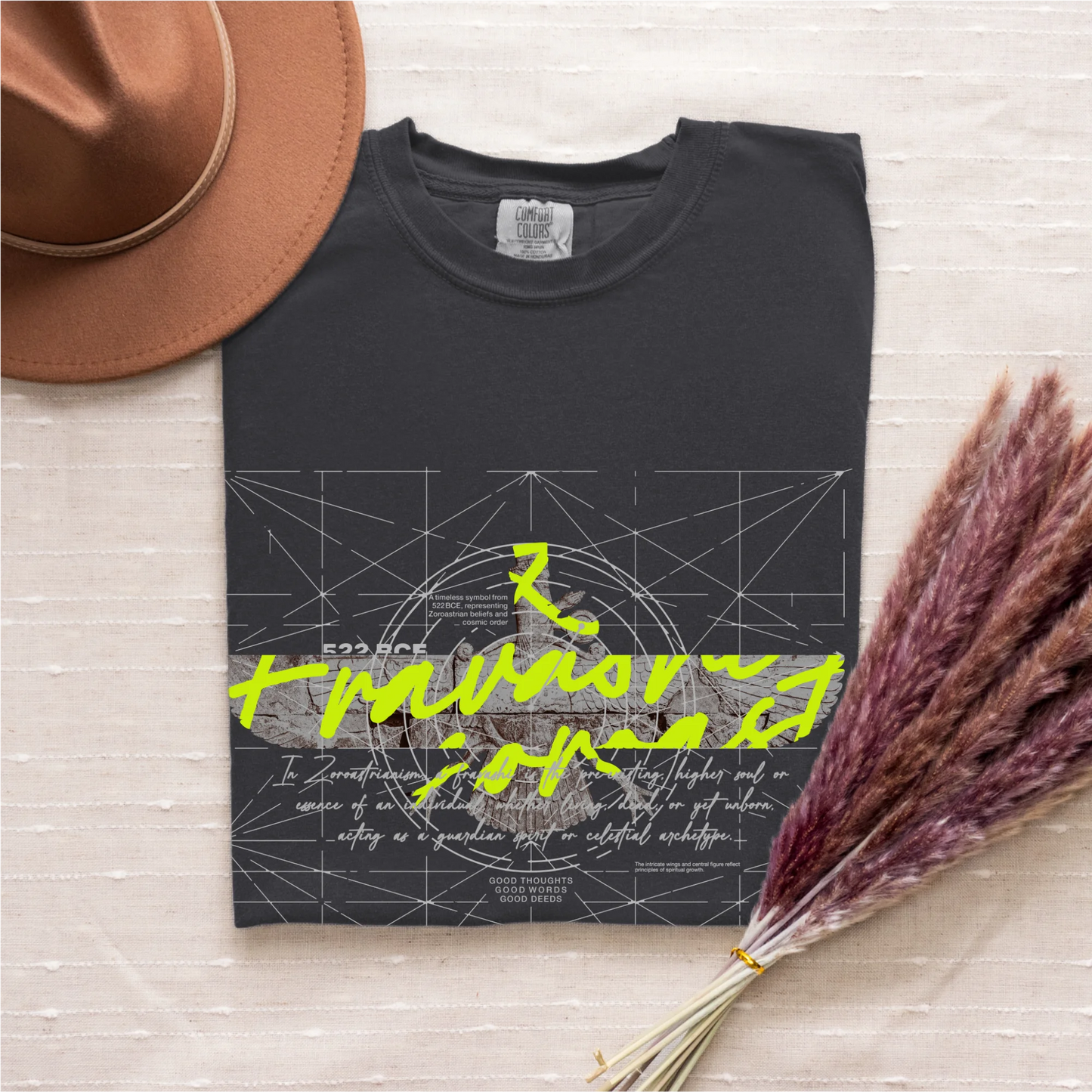 Fravashi-faravahar-symbol in Red Grid cotton graphic T-shirt, Graphite color