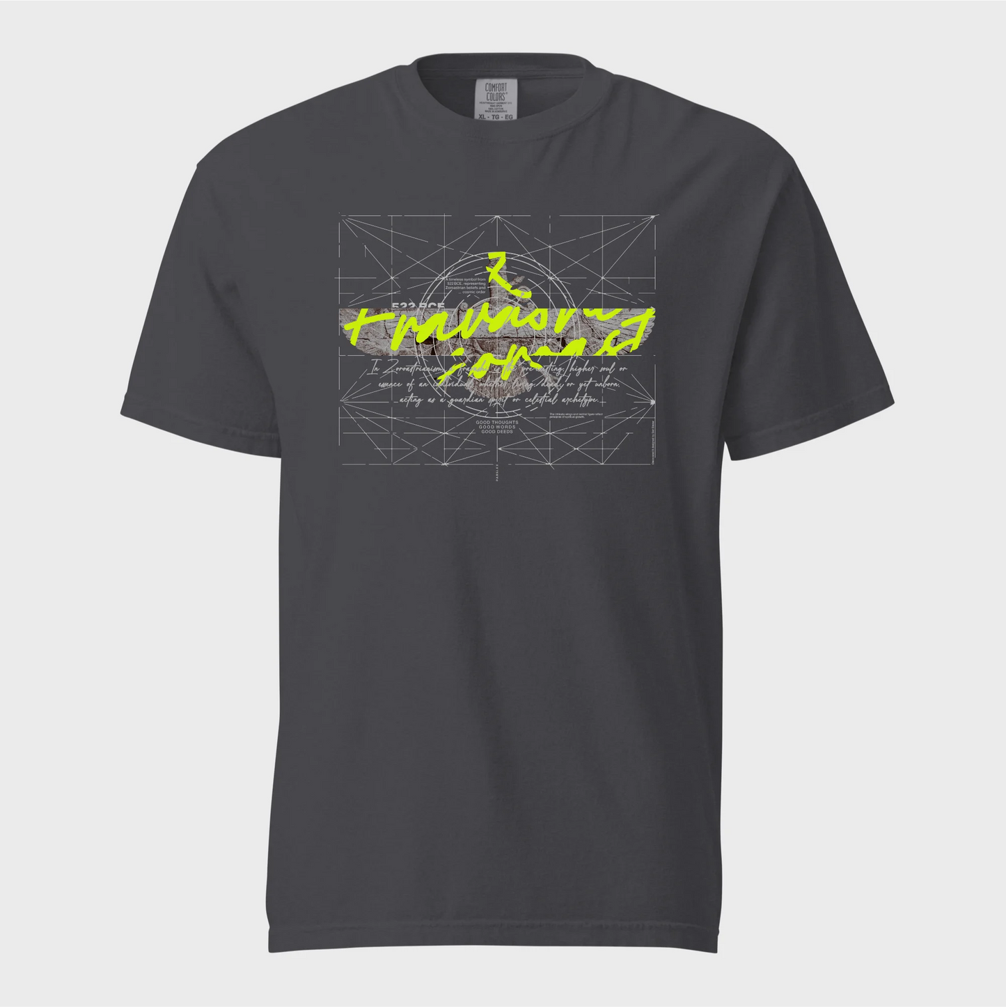 Fravashi-faravahar-symbol in Red Grid cotton graphic T-shirt, Graphite color
