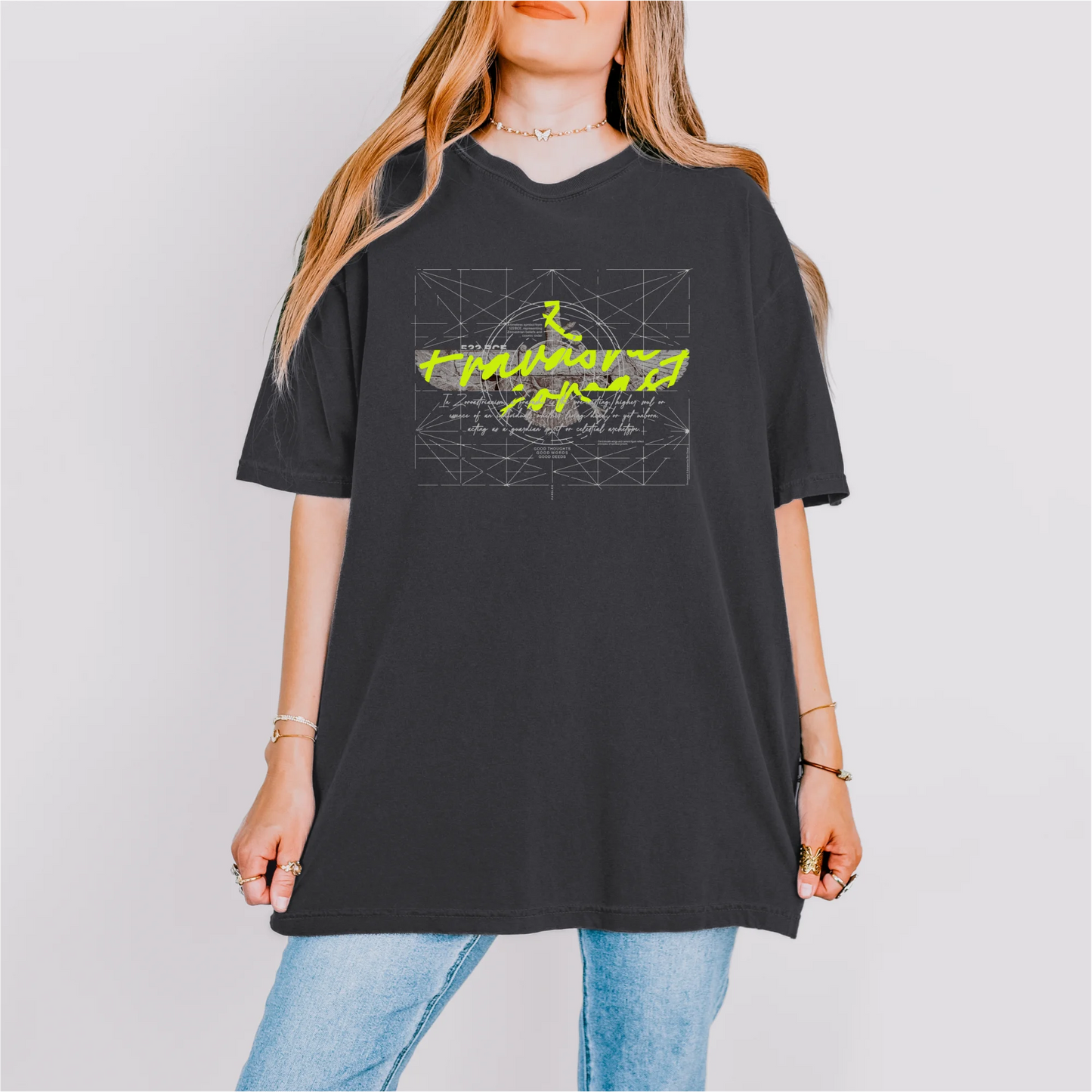 Fravashi-faravahar-symbol in Red Grid cotton graphic T-shirt, Graphite color