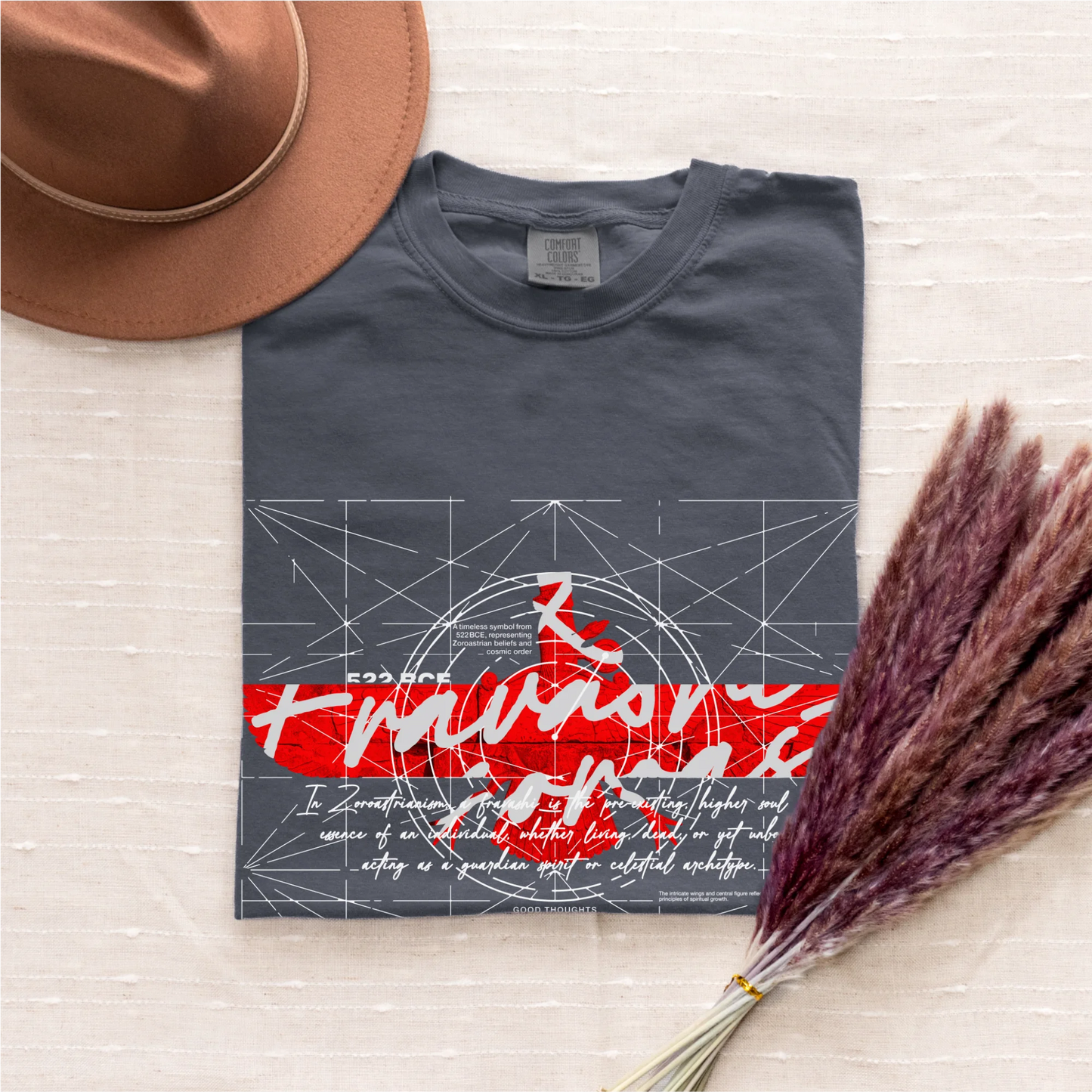 Fravashi-faravahar-symbol in Red Grid cotton graphic T-shirt, Denim color