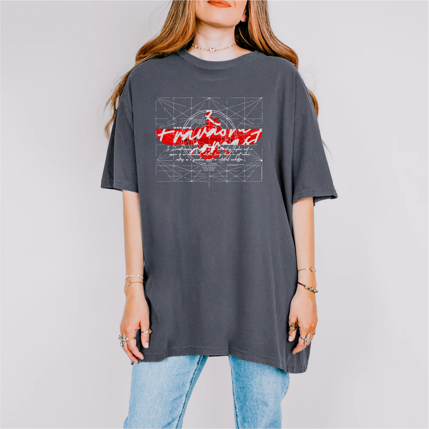 Fravashi-faravahar-symbol in Red Grid cotton graphic T-shirt, Denim color