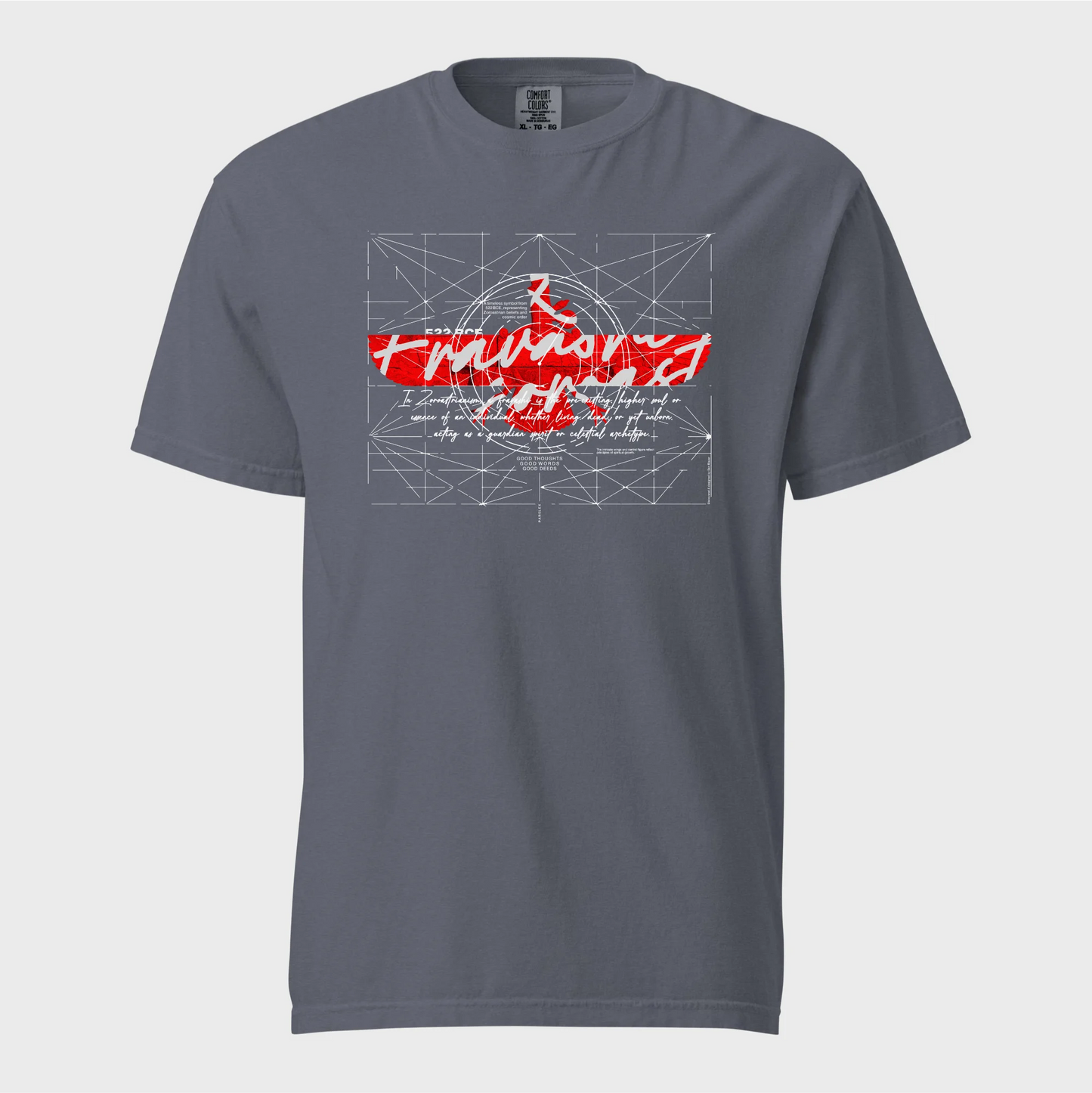 Fravashi-faravahar-symbol in Red Grid cotton graphic T-shirt, Denim color