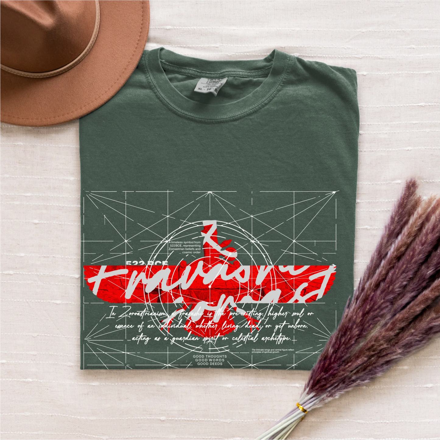 Fravashi-faravahar-symbol in Red Grid cotton graphic T-shirt, Blue_spruce color