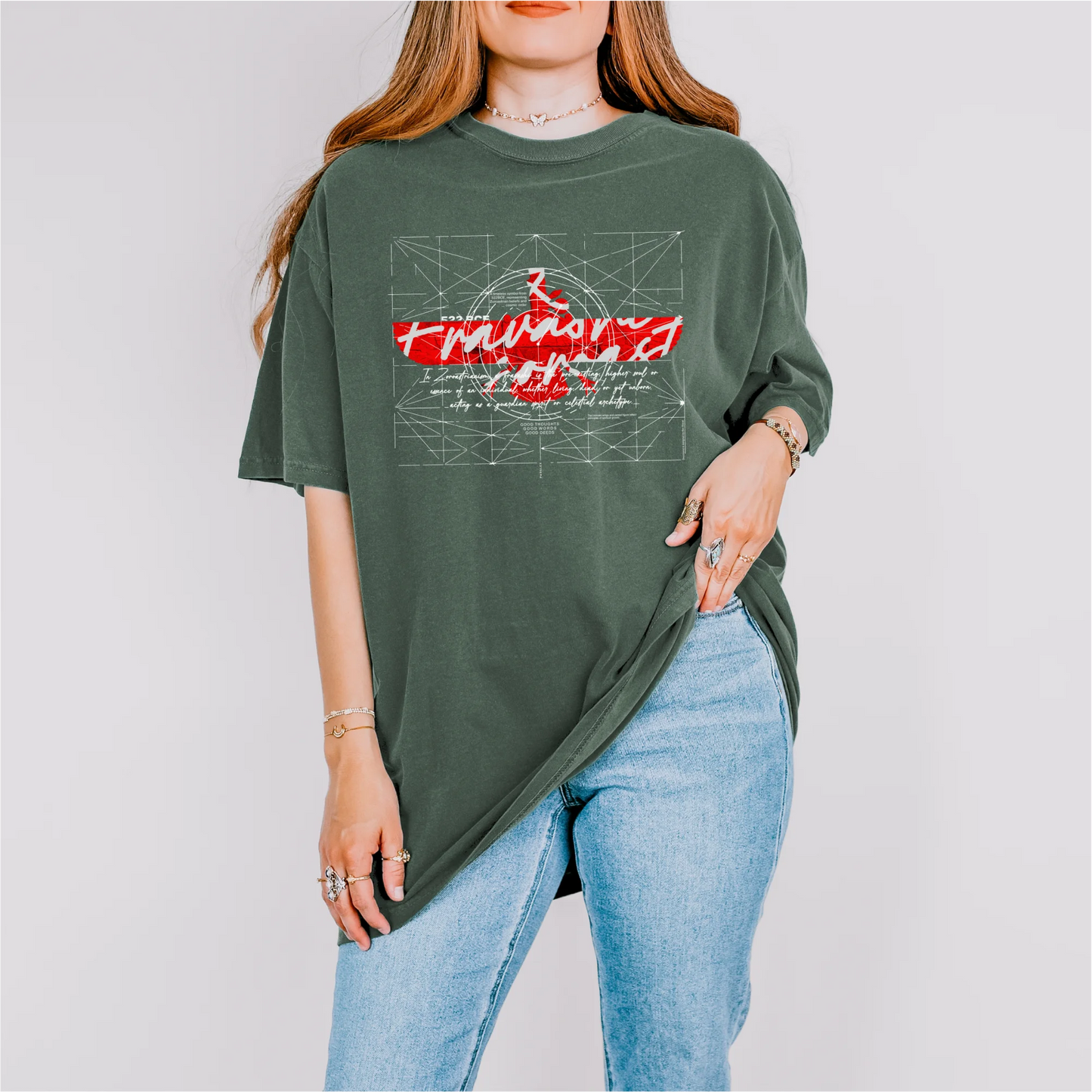 Fravashi-faravahar-symbol in Red Grid cotton graphic T-shirt, Blue_spruce color