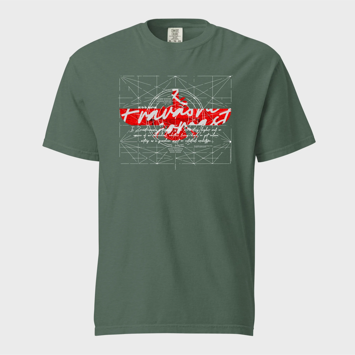 Fravashi-faravahar-symbol in Red Grid cotton graphic T-shirt, Blue_spruce color