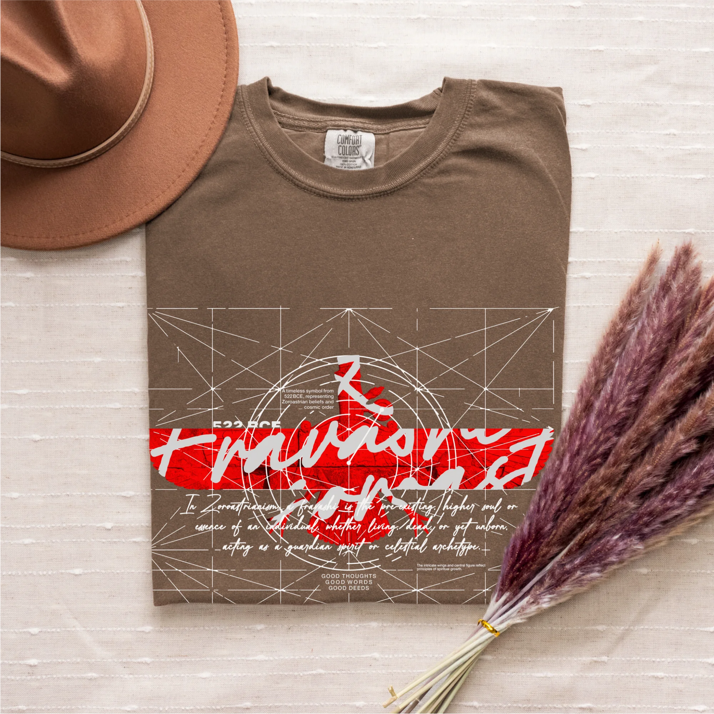 Fravashi-faravahar-symbol in Red Grid cotton graphic T-shirt, espresso color