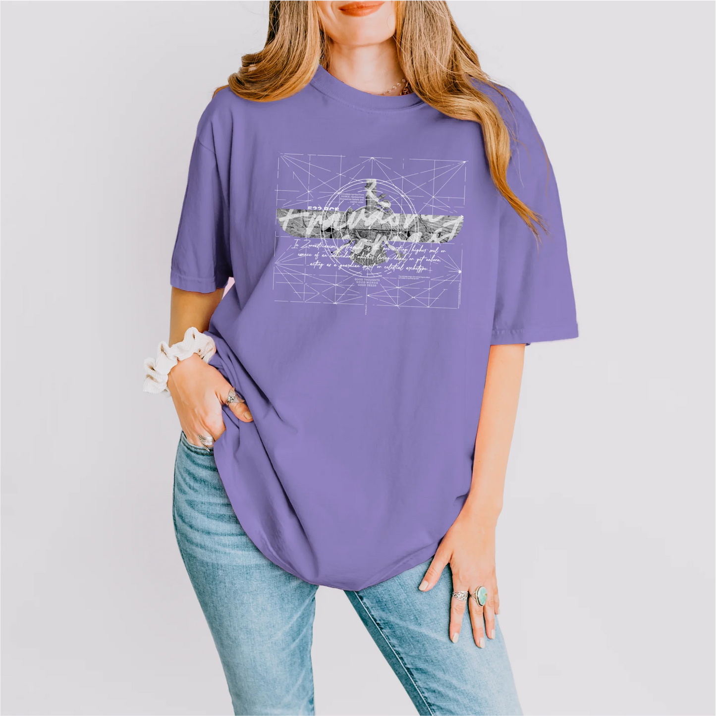 PARSLEX - Fravashi in Grid cotton graphic T-shirt, violet color