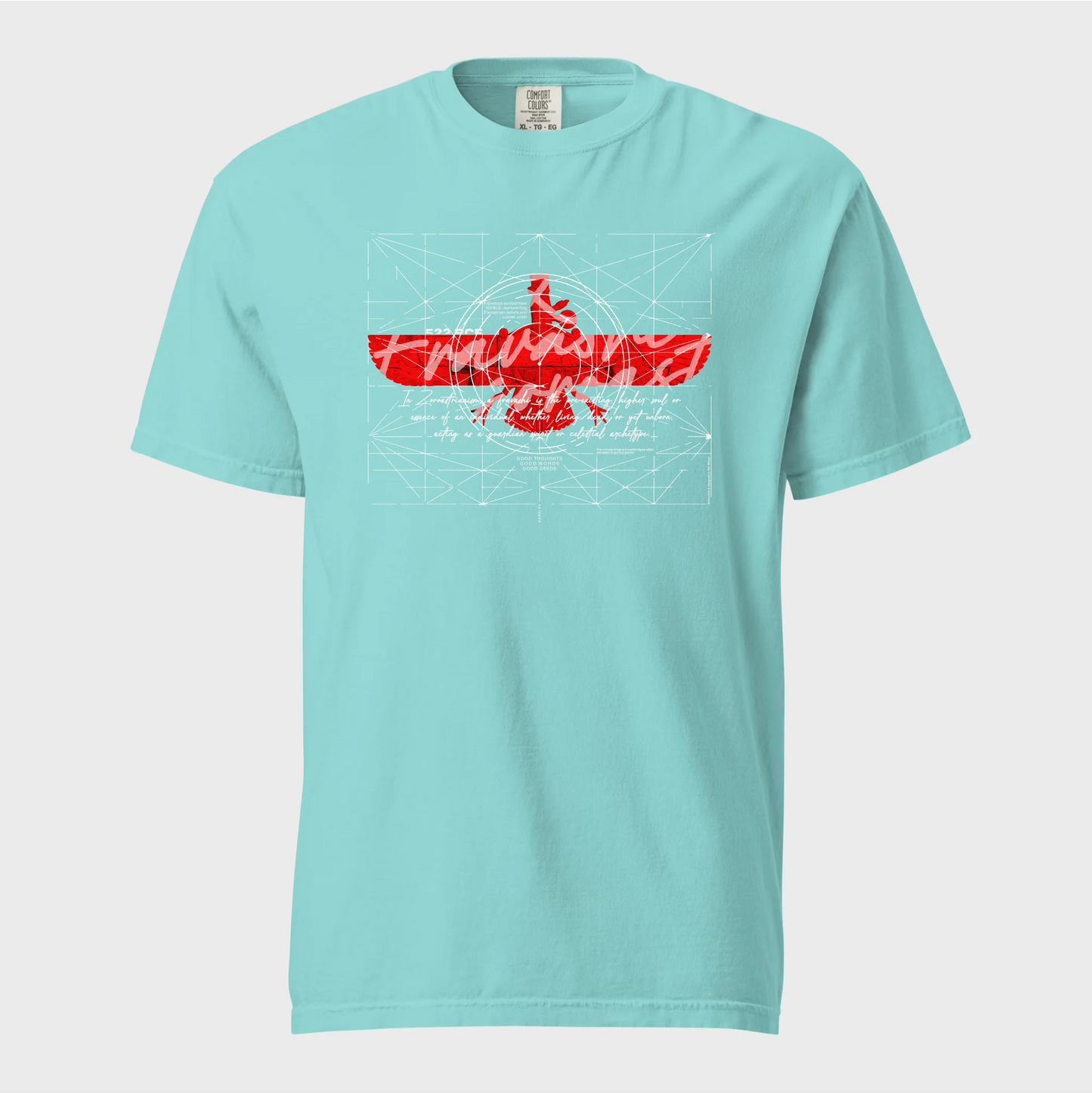 PARSLEX - Fravashi in Red Grid cotton graphic T-shirt, lagoon color