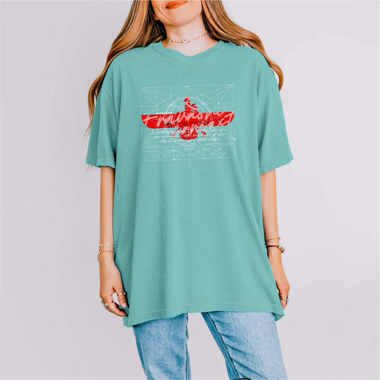 PARSLEX - Fravashi in Red Grid cotton graphic T-shirt, lagoon color