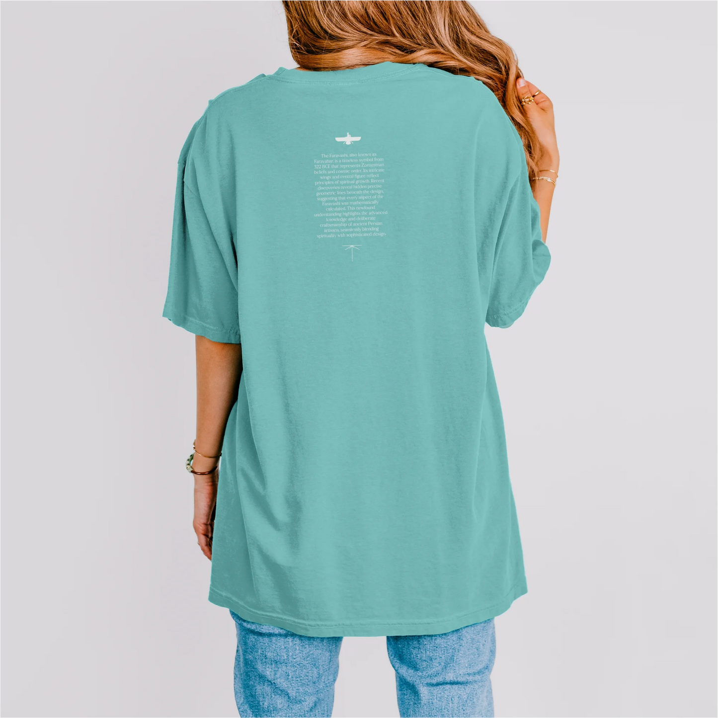 PARSLEX - Fravashi in Red Grid cotton graphic T-shirt, lagoon color