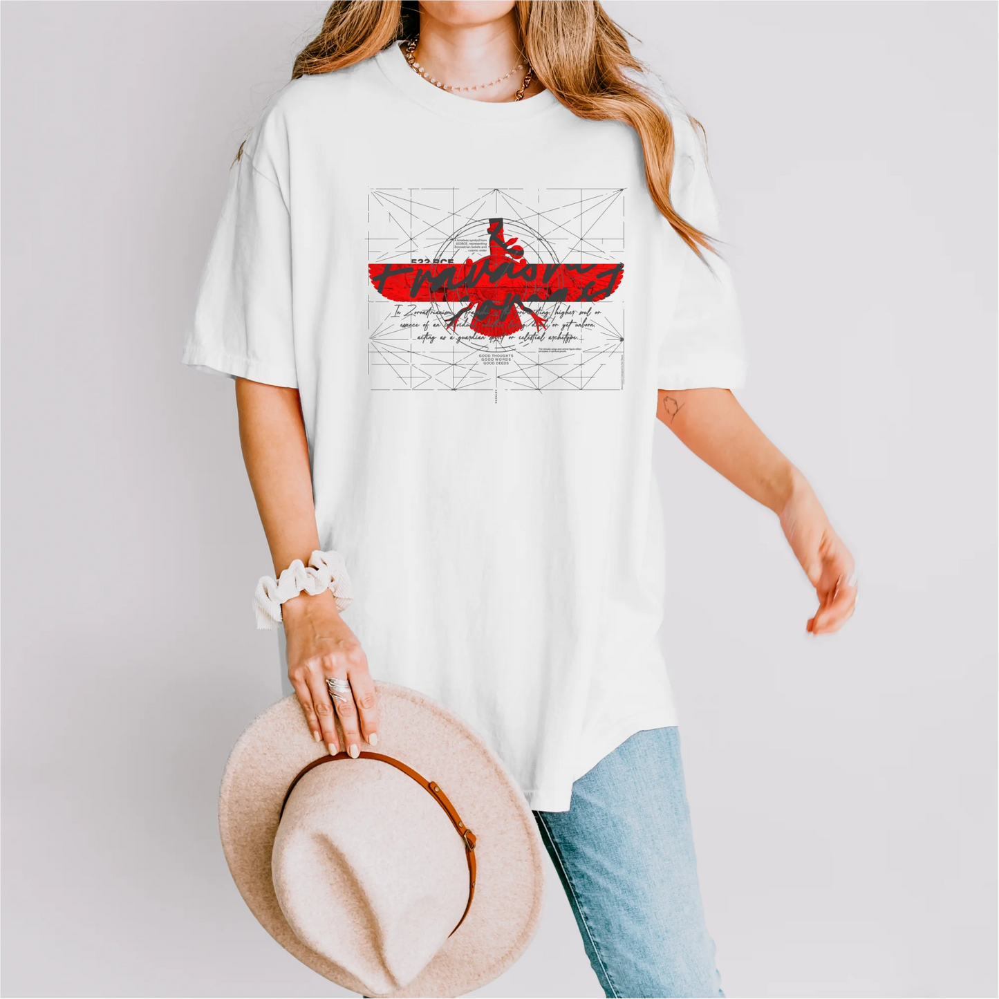 PARSLEX - Fravashi in Red Grid cotton graphic T-shirt, white color