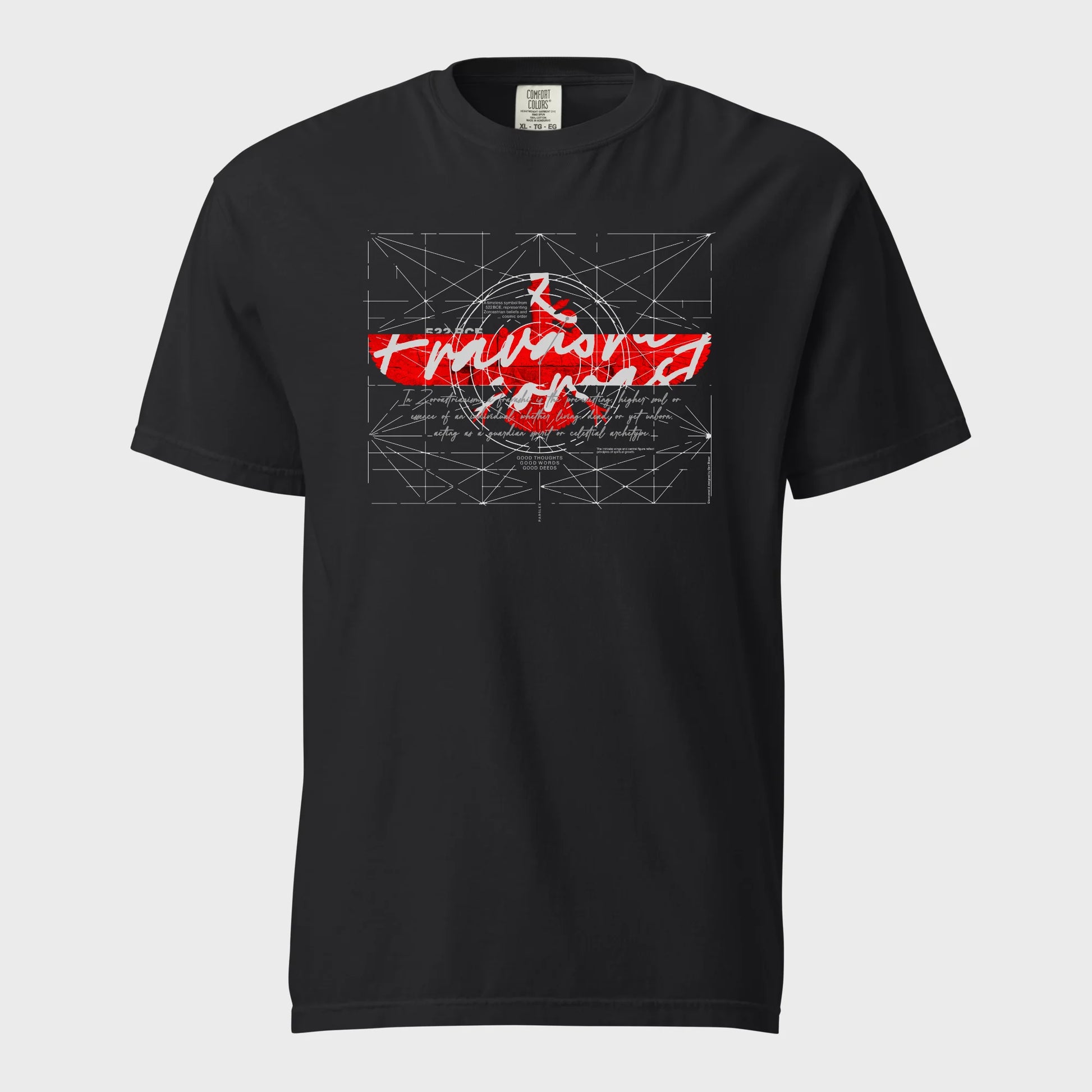 fravashi-faravahar-symbol in Red Grid cotton graphic T-shirt, Black color