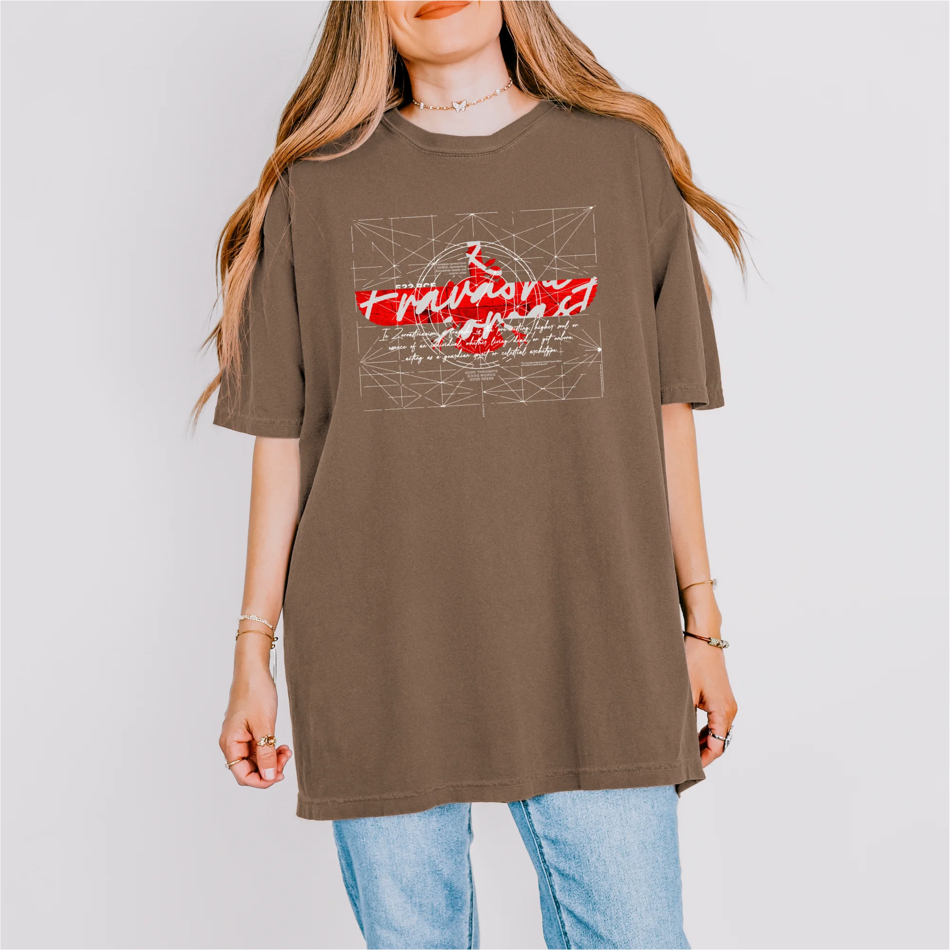 Fravashi-faravahar-symbol in Red Grid cotton graphic T-shirt, espresso color