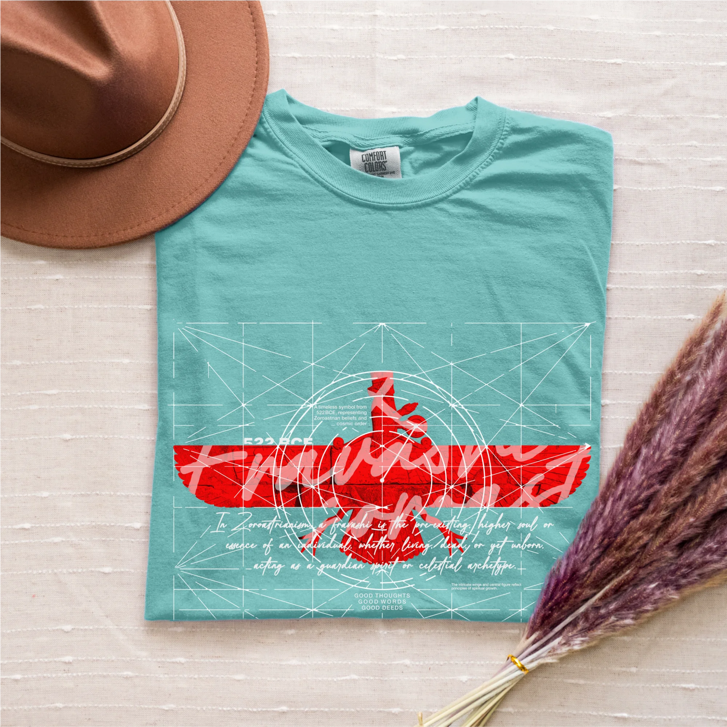 PARSLEX - Fravashi in Red Grid cotton graphic T-shirt, lagoon color